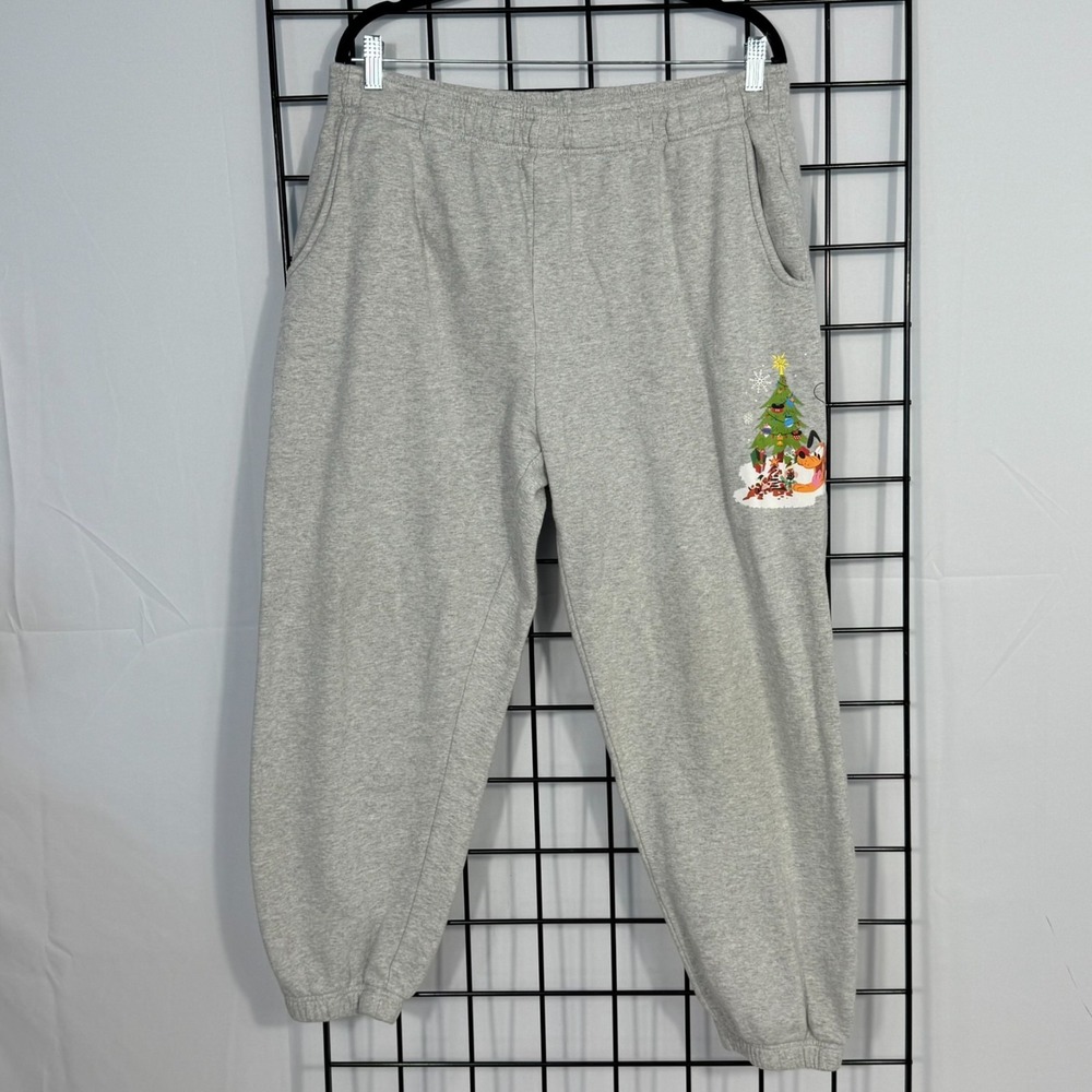 Disney Christmas Jogger Sweatpants Adult L Large Gray Pluto Chip N Dale Holiday‎